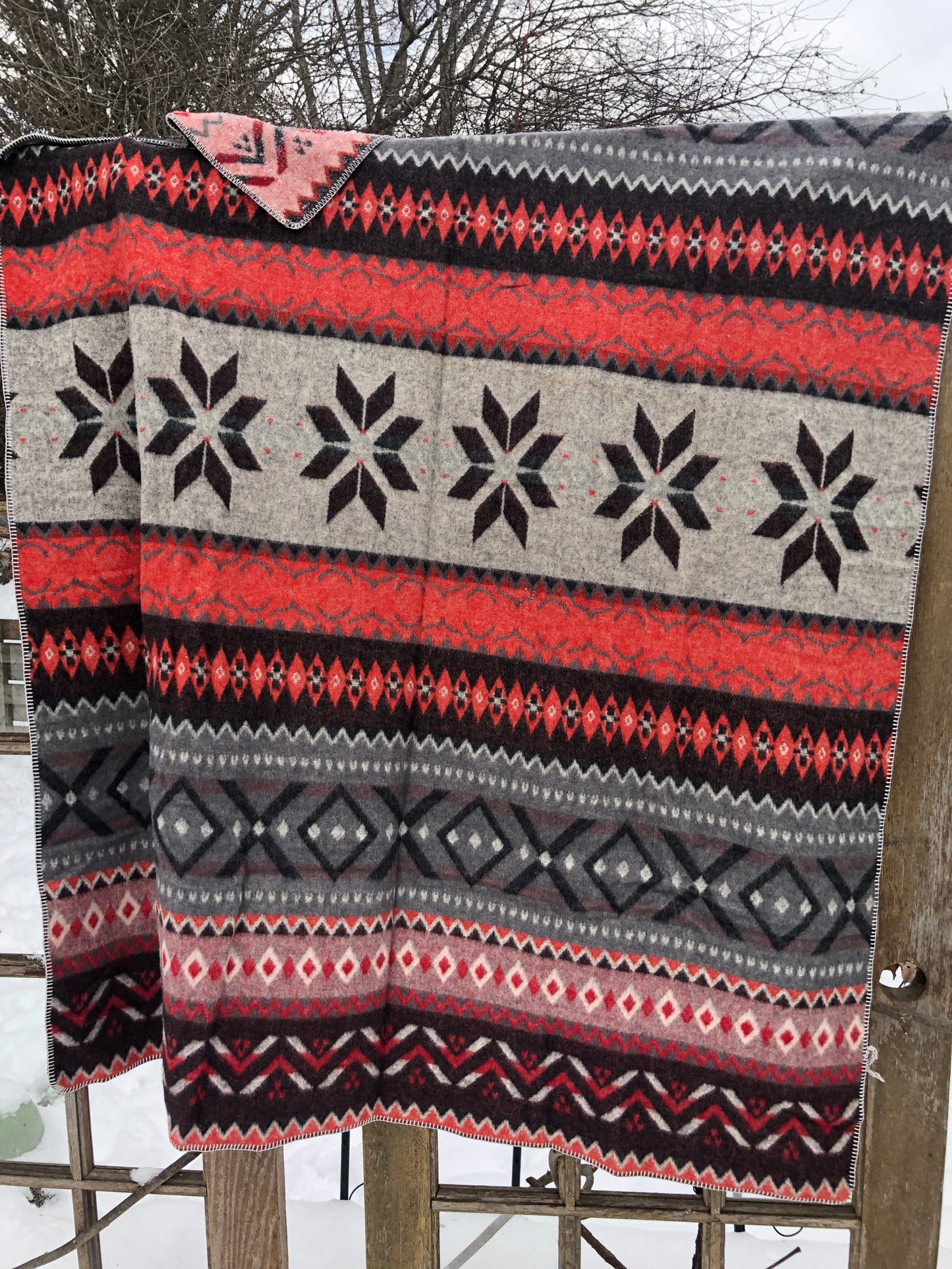 Red/Grey Native Design Wool Throw 50” x 68”